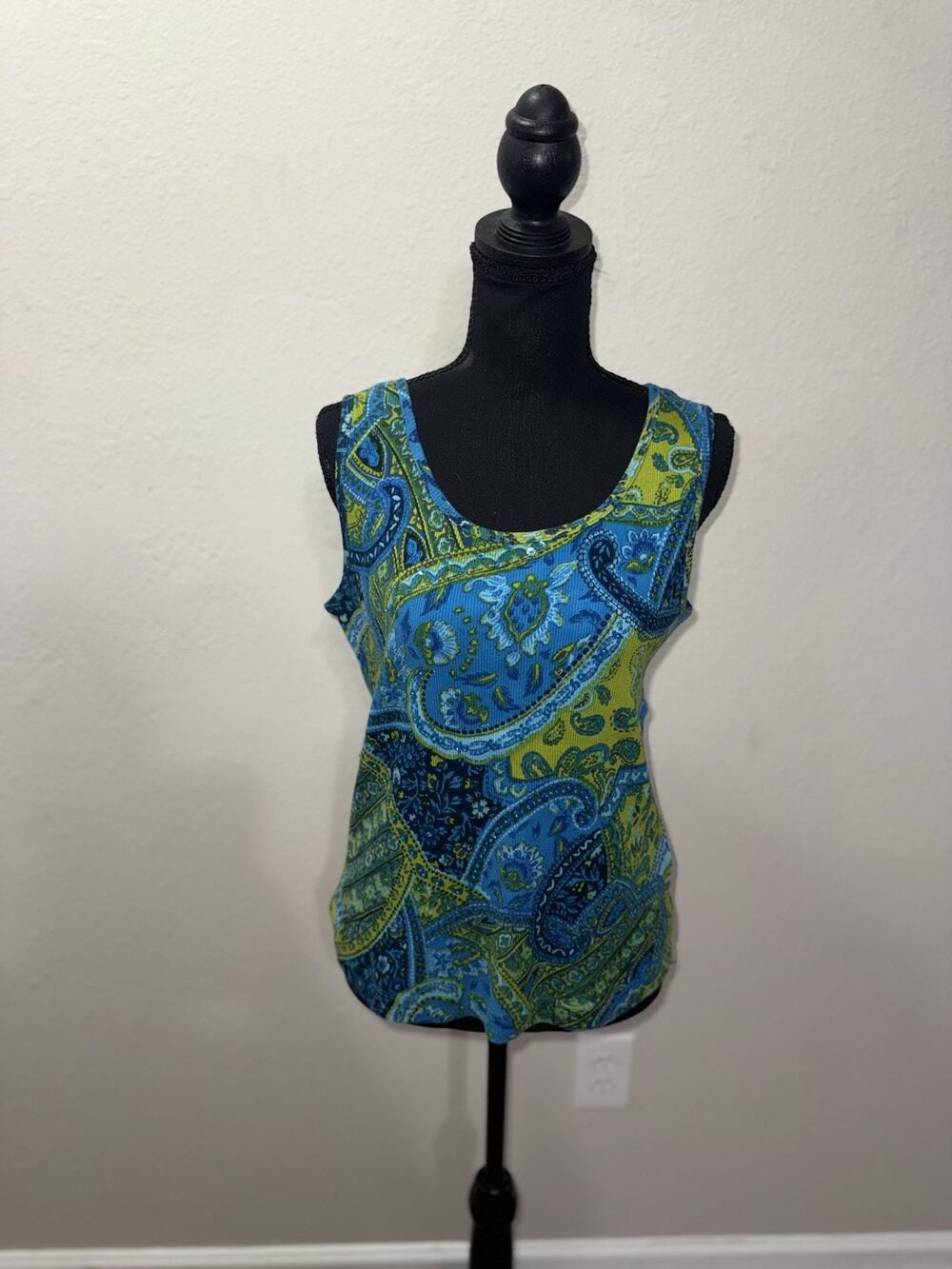 Victoria Jones Vintage Paisley Tank Top Small Cotton Ribbed Beaded Blue Green